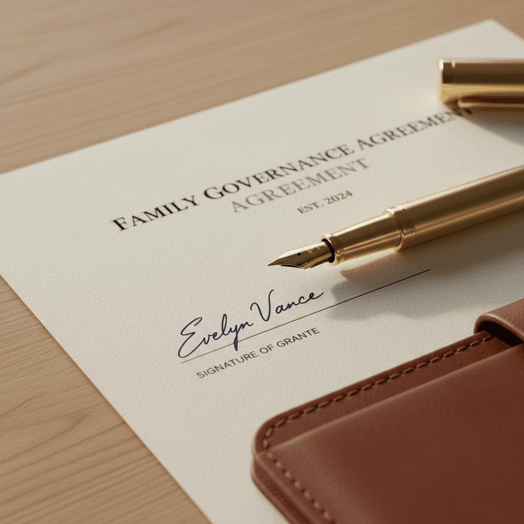 Signed family governance agreement representing formal family office structure
