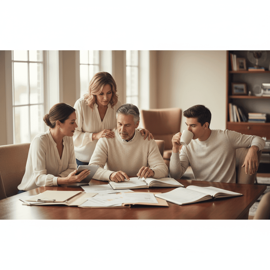 Multigenerational family reviewing financial strategy documents together