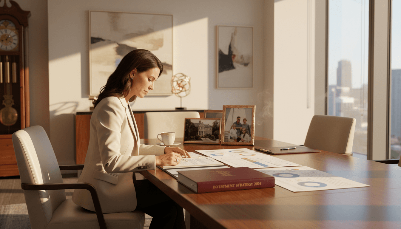 Family office advisor reviewing investment strategy documents at a professional workspace