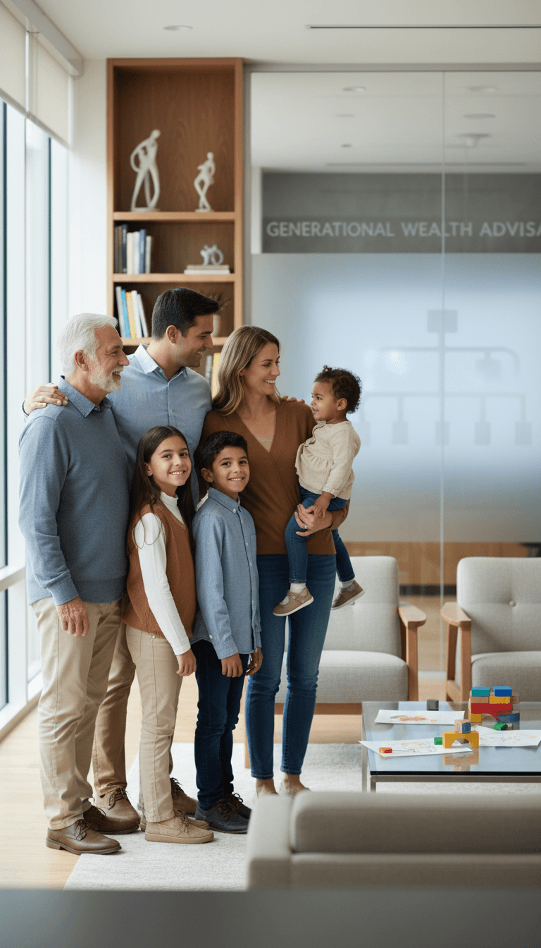Diverse multigenerational family standing together confidently in modern financial advisory office with soft natural lighting