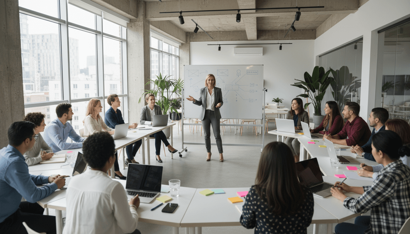 Nonprofit leader facilitating strategic planning session with diverse staff and board members in bright, modern office workspace